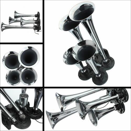DC 12V 100PSI 150.2DB Silver Zinc Alloy Chrome Plated 4-Trumpet Train Car Air Horn Kit for Trucks Cars Automobiles