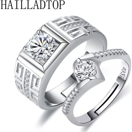 Clear Crystal Couple Rings Zirconia Lovers Ring Silver Plated Adjustable Wedding Ring Set Crystal Finger Trendy Jewelry for Her