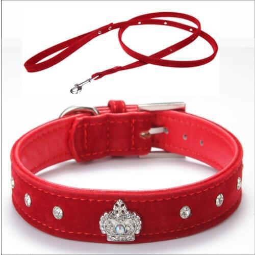 Free shipping Material Adjustable necklace Rhinestones Pet Cat Dog Crown Collar Soft Velvet Leash and Collar set XS S M L