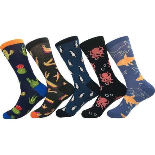 Cartoon Animals Penguin Octopus Shark Plant Cactus Colorful Happy Cool hip hop Skate short Socks Funny Cotton Men Dress Socks