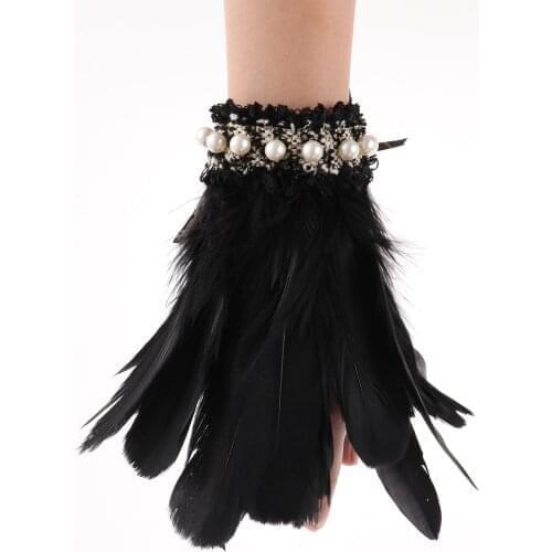 Real Natural Dyed Rooster Feather Wrist Cuffs Gothic Punk Feather Wrist Cuffs Arm Cuff Faux Pearl Lace Halloween Feather Costume