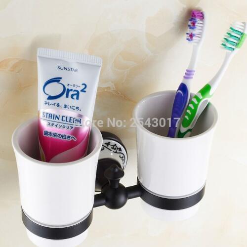 Wholesale and Retail Luxury High Quality Cup&Tumbler Holders Wall Mount Porcelain Black Bronze Double Toothbrush Holder ZR2661