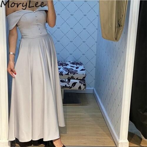 Prom Dresses Off The Shoulder A-Line Ankel Length Spandex Satin Prom Dresses With Zipper Back vestidos de fiesta de noche