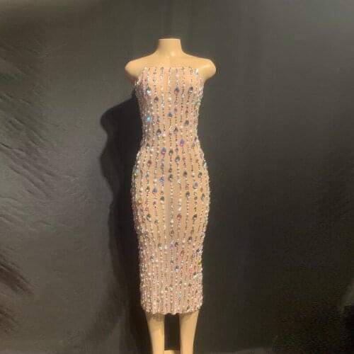 Big Crystals Pearls Perspective Dress Evening Celebrate Mid-calf Dress See Through Outfit Singer Prom Party Performance
