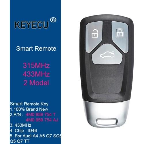 KEYECU Smart Remote Car Key for Audi A4 A5 TT Q5 Q7 SQ5 2016 2017 2018 2019, Fob 3 Button - 433MHz - 4M0959754AJ, 4M0 959 754 AJ