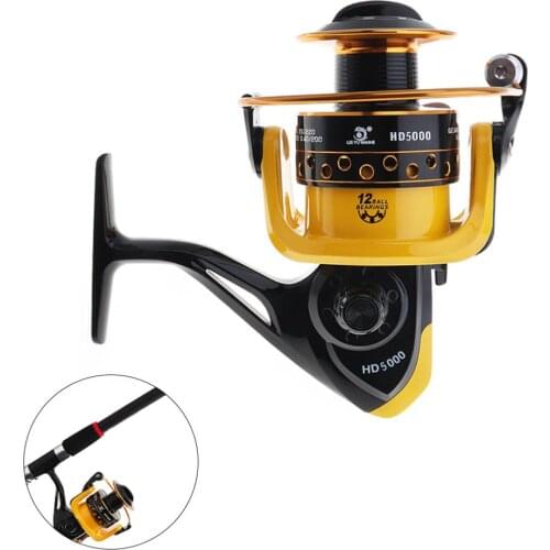 12BB 5000 Fishing Reel Spinning Wheel 16kg Drag Power with Double Colour Metal Line Cup Wooden Handle Knob