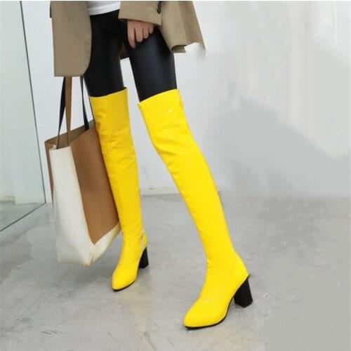 PXELENA 6 Candy Color green yellow red orange patent Leather woman boots block high heels stretch over the knee Long boots Shoes