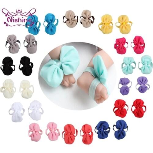 Nishine Newborn Baby Girls Chiffon Bowknot Barefoot Sandals Solid Color Infant Shoes DIY Foot Decoration Kid Photography Props