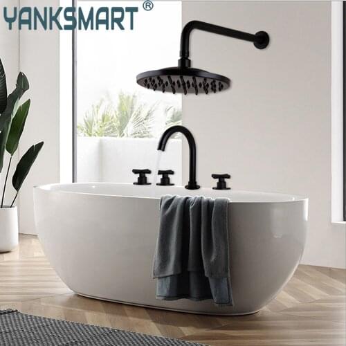YANKSMART Matte Black 5 Pcs Bathtub Faucet Rainfall Spout Mixer Water Tap With 8 Inch Round Bathroom Shower Head Combo Kit