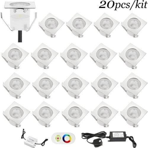 20Pcs LED Recessed Underground Lights With Power Supply RGB DC12V 0.6W IP67 Low Vottage Outdoor Porch Paito Stairs Deck Lamps