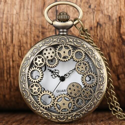 Vintage Bronze Hollow Gear Pocket Watch Antique Retro Necklace Chain Pendant Clock Hours Men Women Xmas Gifts Reloj De Bolsillo