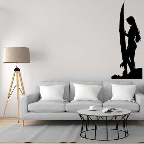 Girl Holding Surfer Board Silhouette Wall Sticker Decal Surfing Sports Sticker Home Living Room Art Decoration Removable A003114