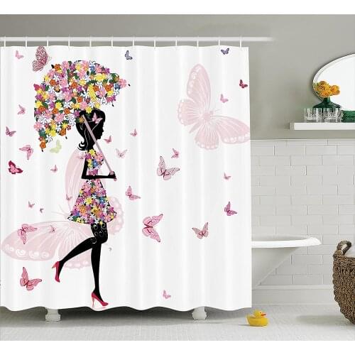 Girly Shower Curtains Girl with Floral Umbrella and Dress Walking with Butterflies Inspirational Artsy Print Bathroom Curtain