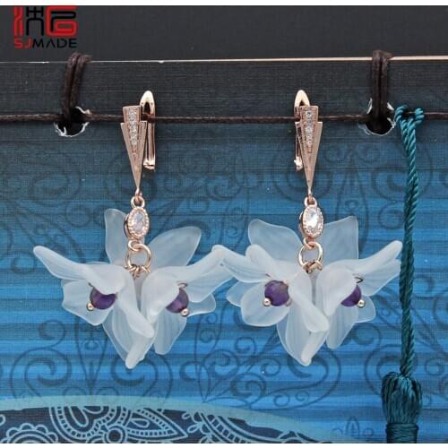 SJMADE Fashion White Acrylic Flower Dangle Earrings 585 Rose Gold Korean Personality Eardrop For Women Wedding Party Jewelry