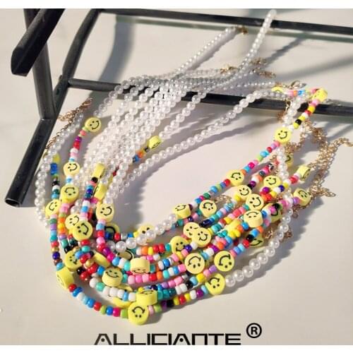 Boho Rainbow Smiley Face Asymmetry Pearl Beaded Necklace For Women Seed Bead Choker Collar Necklaces Sweet Happy Lucky Jewelry