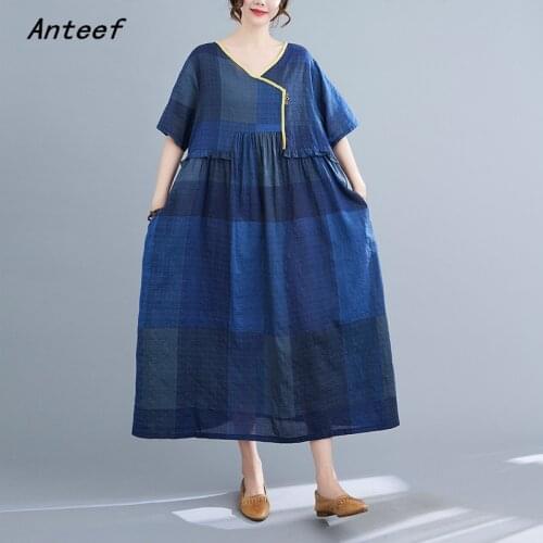 Short sleeve cotton vintage plaid dresses for women casual loose long woman summer dress elegant clothes 2021