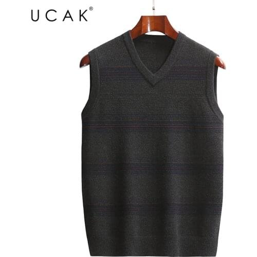 2021 Classic V-Neck Striped Vest Sweater Men Clothing UCAK Brand Classic Autumn Streetwear Vests Pull Homme Male Clothes U1297