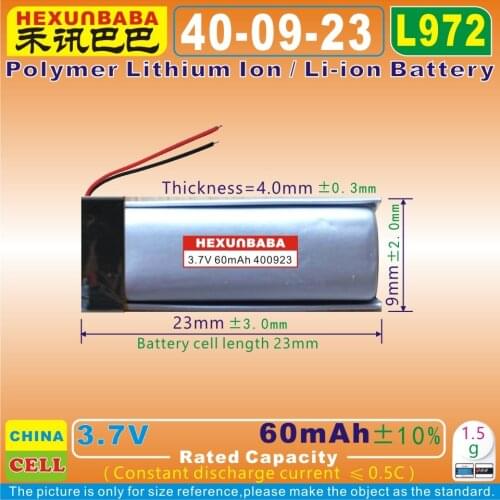 10pcs [L972] 3.7V 60mAh [400923] Polymer lithium ion / Li-ion battery for BLUETOOTH EARPHONE,MP3,e-book,GPS,speaker