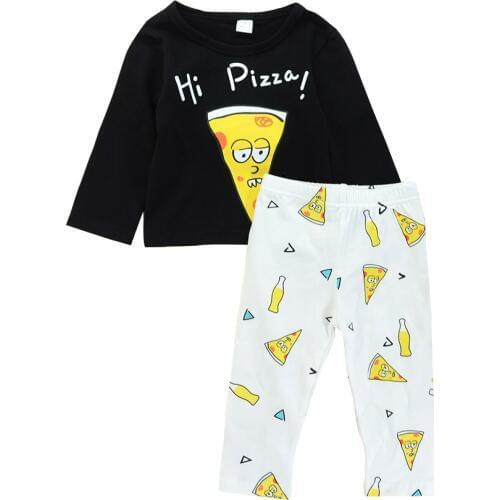 Infant Baby Clothes Suits Black T-shirt Hi Pizza Tops White Print Pants 2pcs Bebe Outfit Kids Clothing Sets