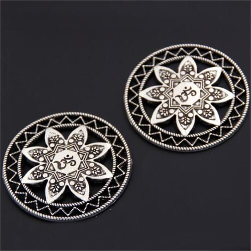 2PCS Silver Color Alloy Round Carved Mandala Charm OM OHM YOGA Symbol Fit Bracelets Necklace DIY Metal Jewelry Making A2435