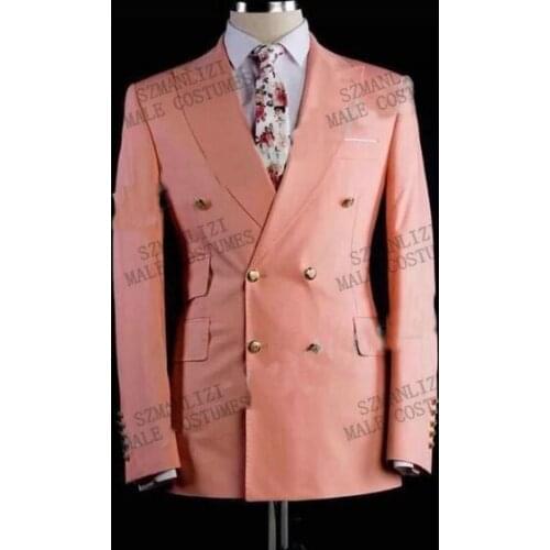 2021 Peach Slim Fit Double Breasted Men Suits For Wedding Prom 2 Piece Custom Groom Tuxedos Male Fashion Costumes Jacket+Pants
