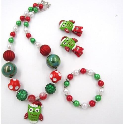3pcs/Set New Style Baby Girls chunky necklaces Kids Red Green Beads Owl Necklace Bracelet Hairpin jewelry set Gift for Christmas