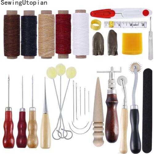 31PCS Leather Craft Hand Stitching Sewing Tool Thread Awl Waxed Thimble Kit 150D 50m Wax Rope Leather Finger Sets Copper Thimble