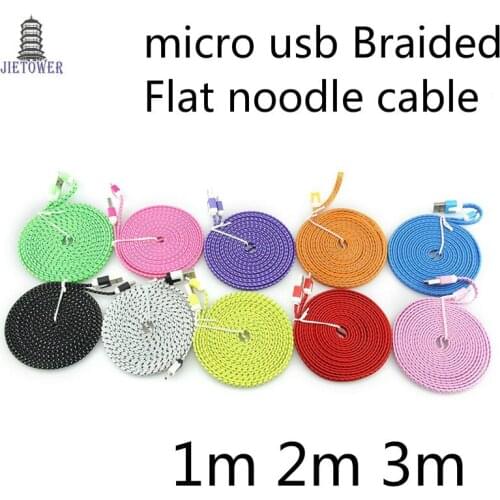 500pcs/lot micro usb v8 5pin Fabric Braided Flat noodle cable Accessory Bundles for samsung s3 s4 s6 s7 for htc lg mi 1m 2m 3m