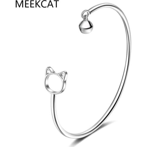 925 Sterling Silver Adjustable Cat and Jingle Bell Charm Bracelet & Bangle For Women Party Gift Prevent Allergy Femme Jewelry