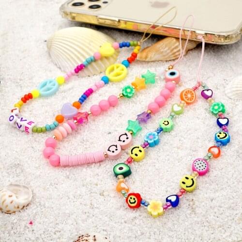 Go2Boho Chain For Phone Straps Holder Phone Case Chains Cute Smiley Face Beaded Strap 2021 Fashion Women Colorful Beads Lanyard
