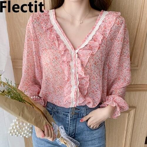 Flectit Ruffled Floral Blouse Frilled Lace Trim V-Neck Button-Up Long Sleeve Shirt Printed Chiffon Tops Ladies Spring Summer
