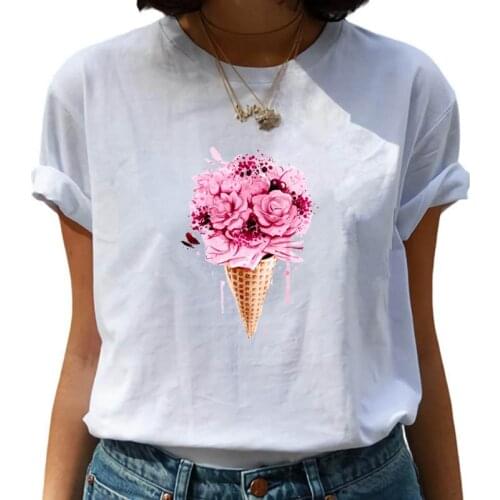 T-Shirt Women Ice Cream Flower Print Summer Fashion Girl T-shirts Top T Shirt Ladies Graphic Female Tee T-Shirt Womens Clothing