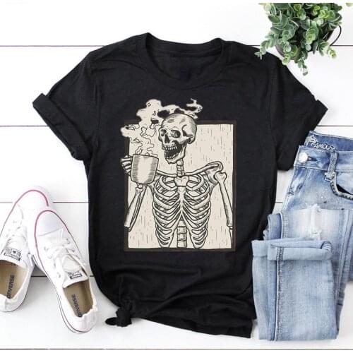 Halloween Coffee Drinking Skeleton Skull Shirt Womens Short Sleeve Tees Fashion Cotton O Neck Female Clothing Plus Size Casual