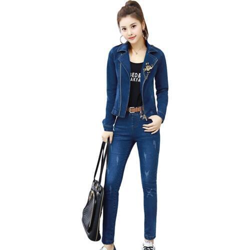Two pieces of jeans sets women 2018 sping fashion Long sleeve Short jacket and Pencil trousers female denim sets IOQRCJV H426