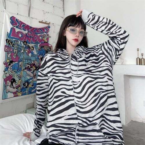 Korean New Vintage Harajuku Style Fashion Leopard Printing Zipper Sweatshirts Full Sleeve Hooded Cardigan Casual Sweatshirt
