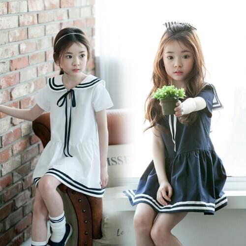 Girl Korean Style Short Sleeves Mini Dress 2021 Summer New Kid Sailor Collar One-Piece Girls Preppy Style Children Clothing