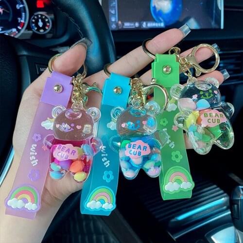 Fashion Liquid Oil Chubby Bear Keychain Cute Floating Quicksand Colorful Balloons Keyring Girl Women Bag Pendant Key Chain Gifts