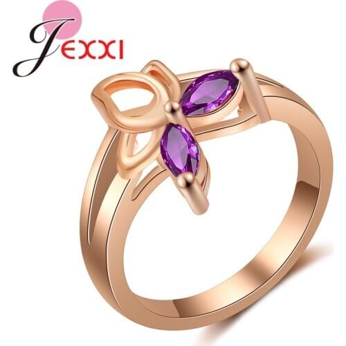 New Fashion Unique Purple Zircon 3 Claws Flower Design Rose Gold Rings For Woman Girls Birthday Party Gift Accessories