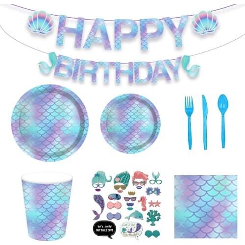 8 Guests Mermaid Disposable Tableware Little Mermaid Napkin Plate Under the Sea Girl 1st Birthday Happy Birthday Decor Kids Girl