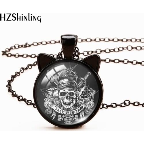 Pirates of the Caribbean Pattern Necklace Glass Cabochon Black Cat Pendants Fashion Jewelry