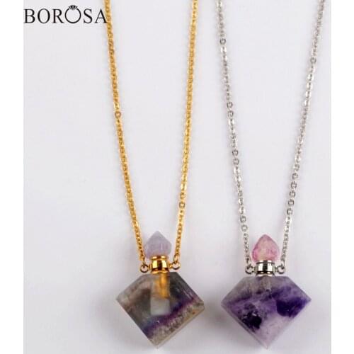 Rainbow Fluorite Perfume Essential Oil Bottle Necklace for Women Gold Silver Plated Square Natural Stones Necklace Charms WX1620