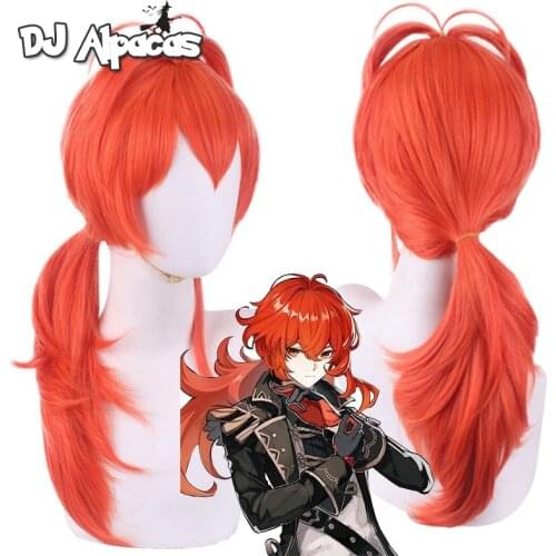 Genshin Impact Diluc Cosplay Wig Cosplay Anime Cosplay Wigs Heat Resistant Synthetic Wigs Halloween 60cm Long Red Wig