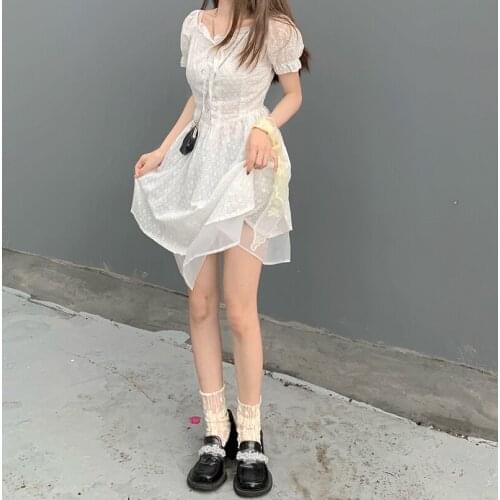 Dress White Short-sleeved Chiffon Dress Female Summer New Style Korean High-waisted Thin A-line Skirt