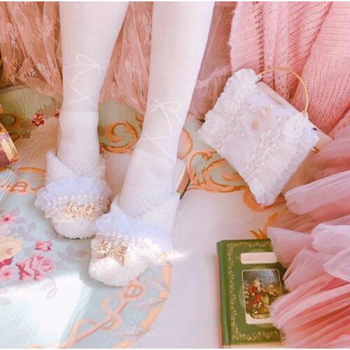 Half Slippers Plush Sweet French Elegant Bow Shoes Bowknot Princess Kawaii Girl Women Shoes cos Lolita loli Anime princes Shoes
