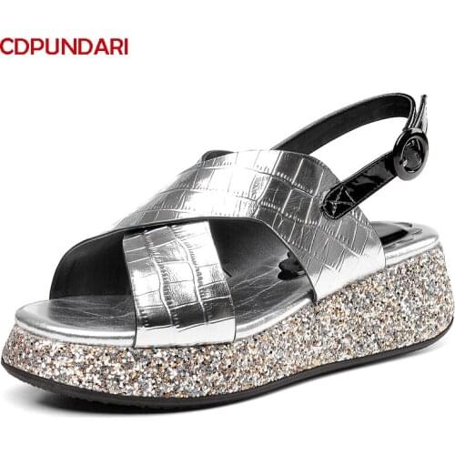 Silver Genuine Leather Sequins Flat Platform Sandals Women Summer Casual Shoes Ladies Sandales Femmes 2021 Sandalias Mujer