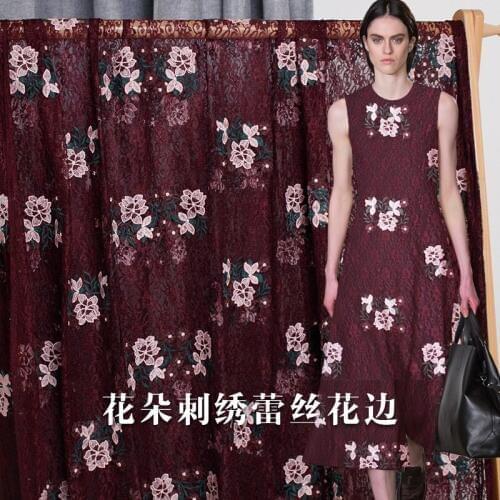 The colth pink flowers Knitted Embroidered Lace Fabric 100%polyester Autumn dress DIY clothes fabrics Freeshipping