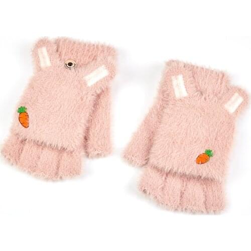 Winter Warm Soft Rabbit Fur Knit Mittens Women Flip Half finger Plush Cartoon Rabbit Ears Carrot Touch Screen Driving Gloves I39