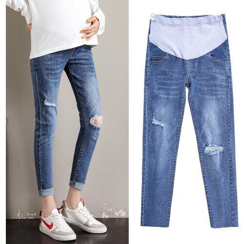 High Quality Retro Denim Hole Jeans Maternity Pants For Pregnant Women Elastic Waist Skinny Stretch Pregnancy Jeans Trousers