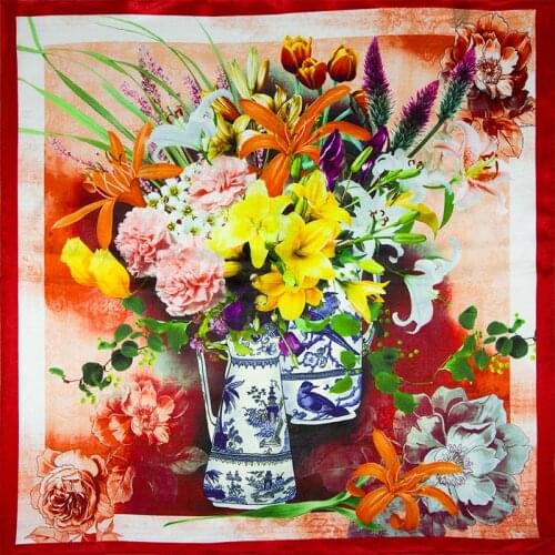 High-quality Pure Silk Scarf Women Bandana Female Hair Scarf Top Womens Natural Silk Square Neck Scarf for Women Flower in Vase