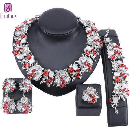 Women Chunky Chain Choker Bib Statement Crystal Necklace Earring Bracelet Ring Bridal Christmas Gift Jewelry Set